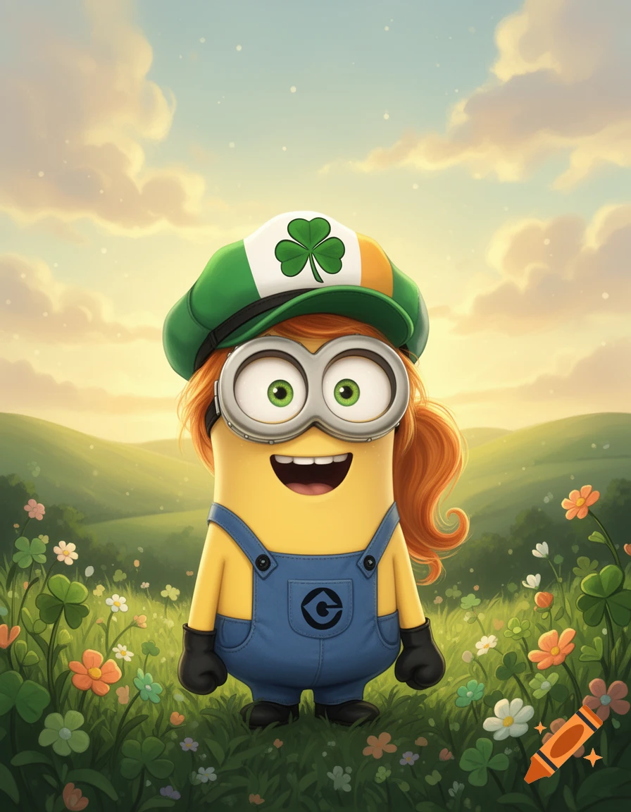 A cheerful cartoon Minion with red hair, green eyes, wearing a green, white, and orange Irish cap with a shamrock, and blue overalls, stands in a vibrant field of flowers under a cloudy sky.