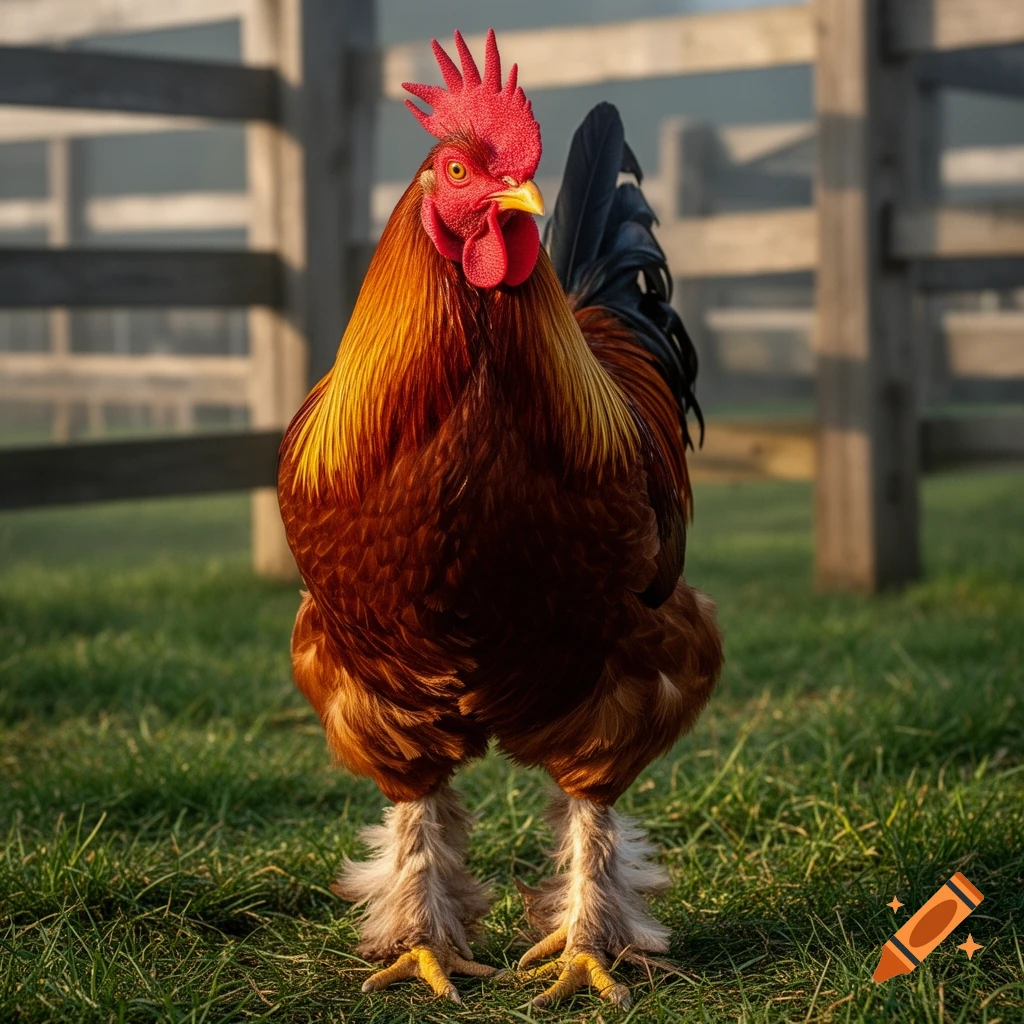 A close-up, photorealistic shot of a majestic brown rooster with a red comb and feathered legs standing in green grass with a wooden fence in the background.