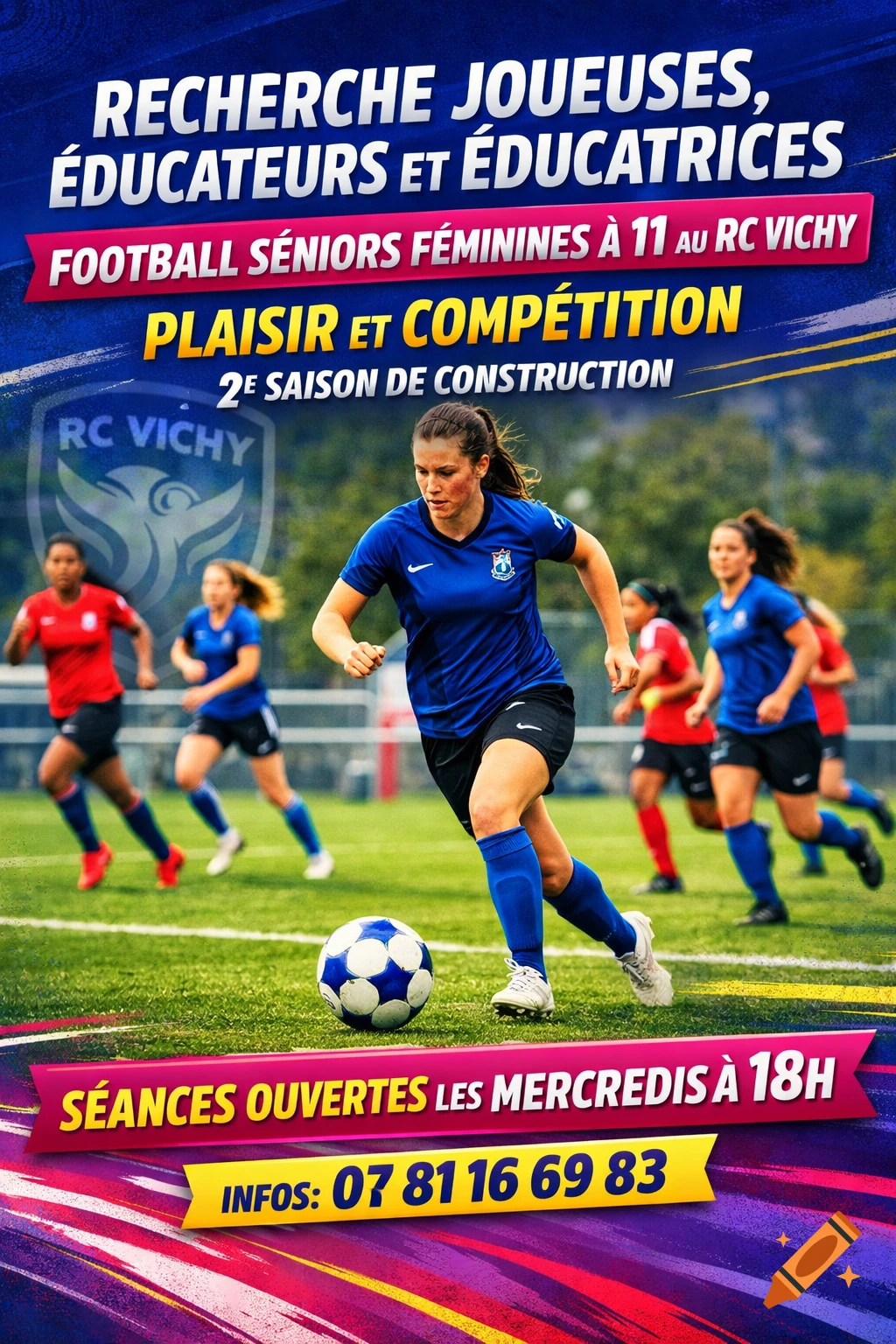 A vibrant poster for RC Vichy women's senior football, showing players on a field with recruitment text and contact info.