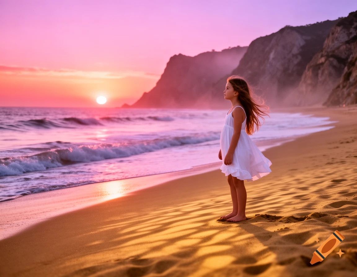 A young girl in a white dress stands on a sandy beach, looking at the vibrant pink and orange sunset over the ocean.