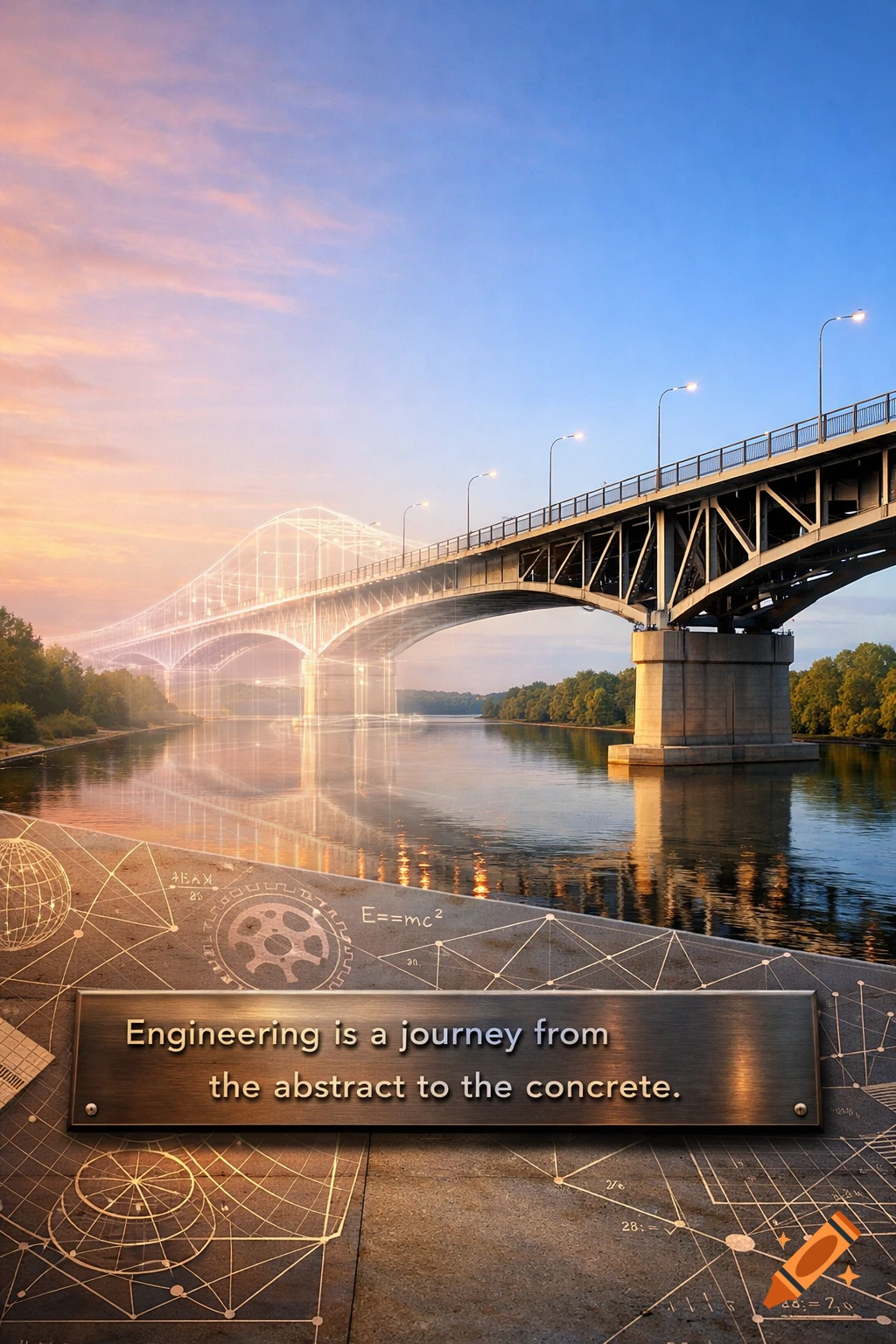 A glowing abstract bridge next to a concrete bridge over a river, with engineering diagrams and a quote in the foreground.