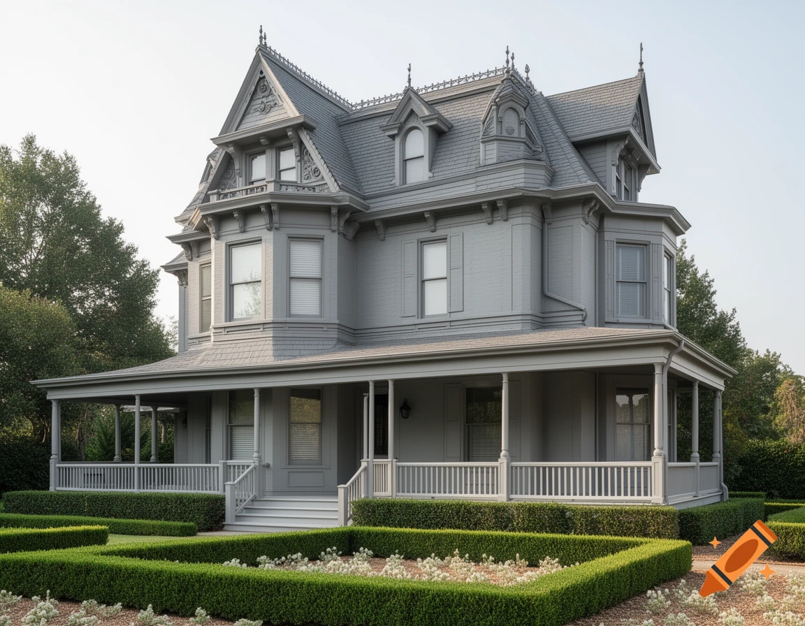 A grand Victorian mansion painted in monochromatic gray with a wide front porch and manicured formal gardens.