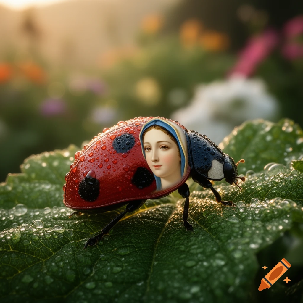 A photorealistic ladybug with the face of Holy Mary for a head, sitting on a dewy green leaf.