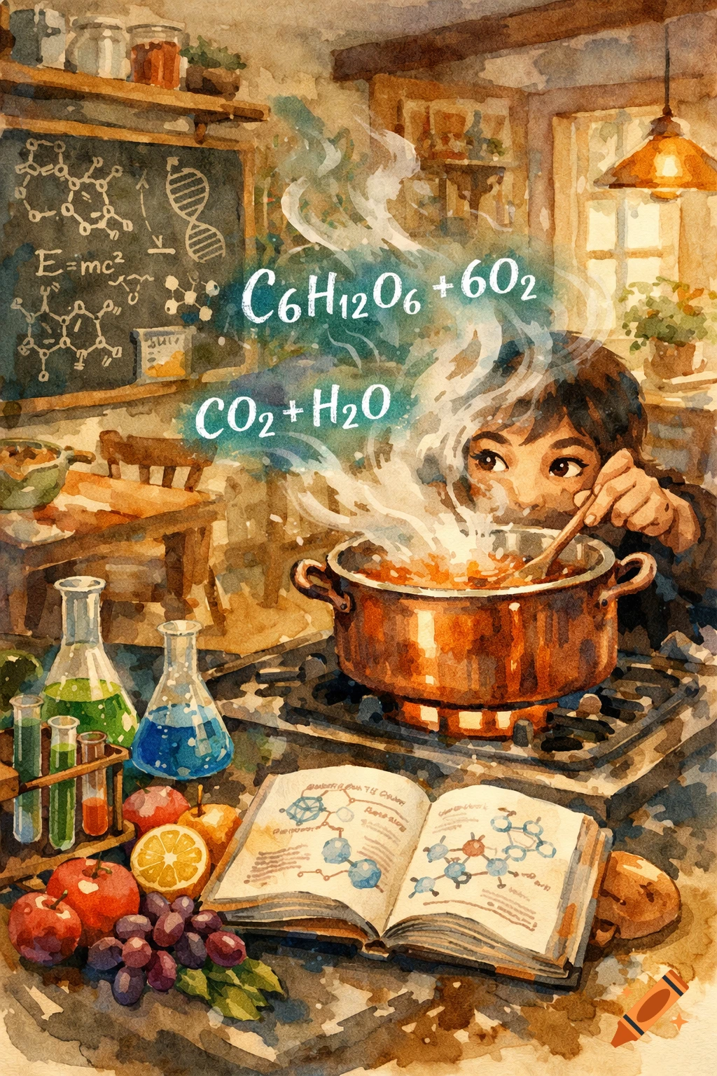 Watercolor painting of a person cooking with science equipment. Chemical formulas float above a pot, with beakers, fruit, and a textbook nearby.