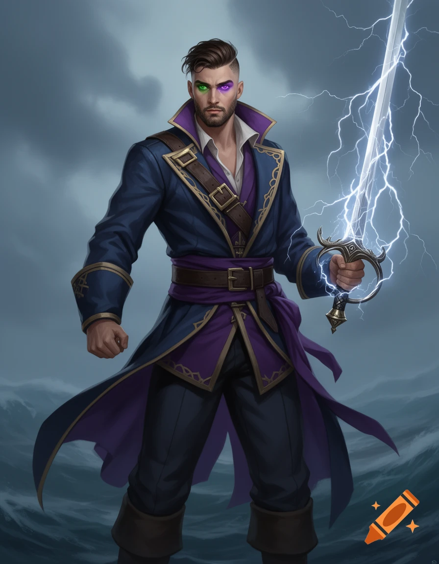 A fantasy illustration of a pirate swordsman in blue and purple, holding a lightning-sheathed sword against a stormy sky.