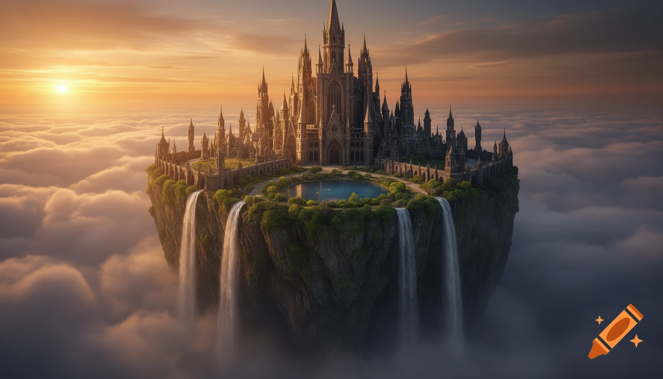 A majestic medieval fantasy castle with intricate spires floats on a ...