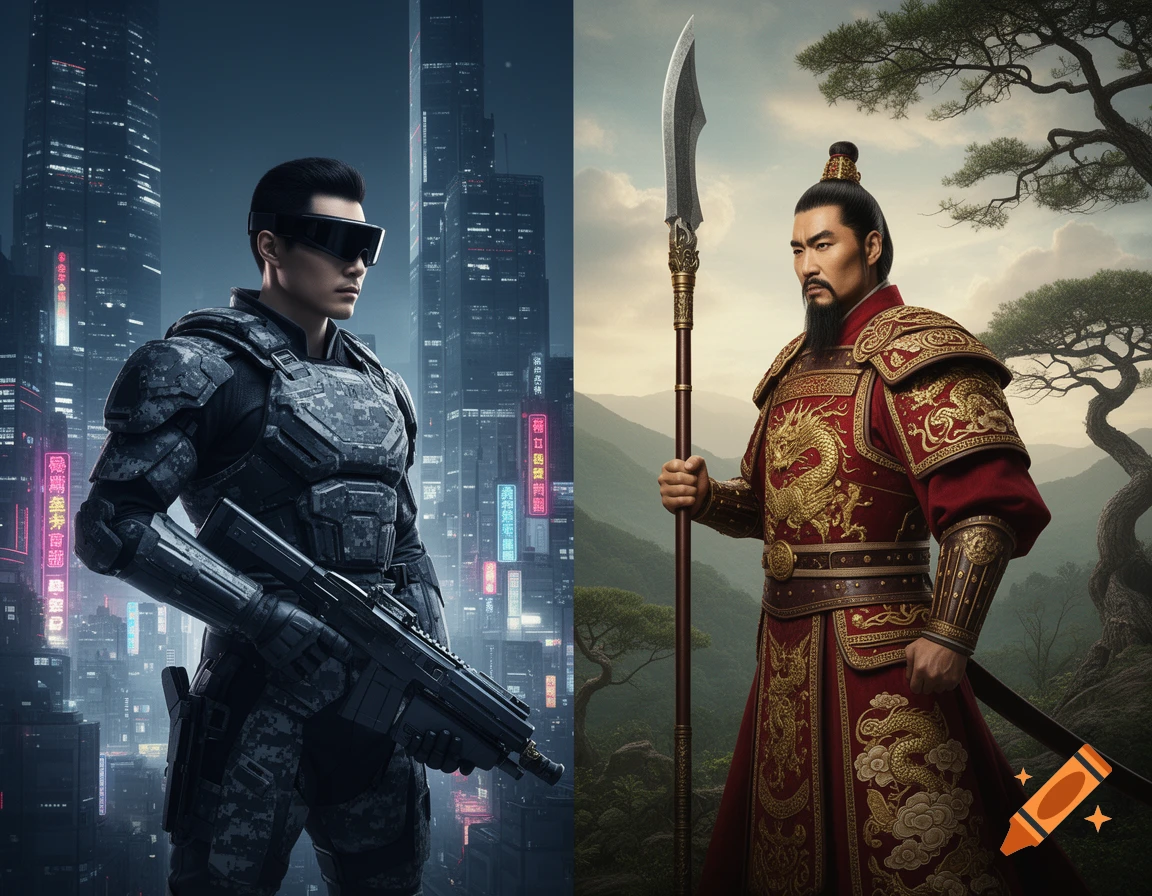 Split image showing a futuristic soldier with a rifle in a neon city and an ancient Chinese warrior with a polearm in a mountainous landscape.