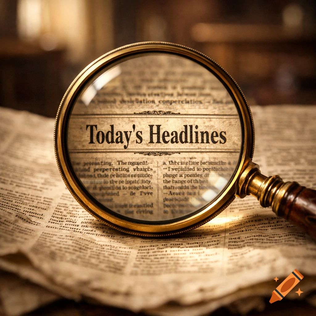 A close-up of a magnifying glass over an old newspaper, clearly showing "Today's Headlines" on the page.