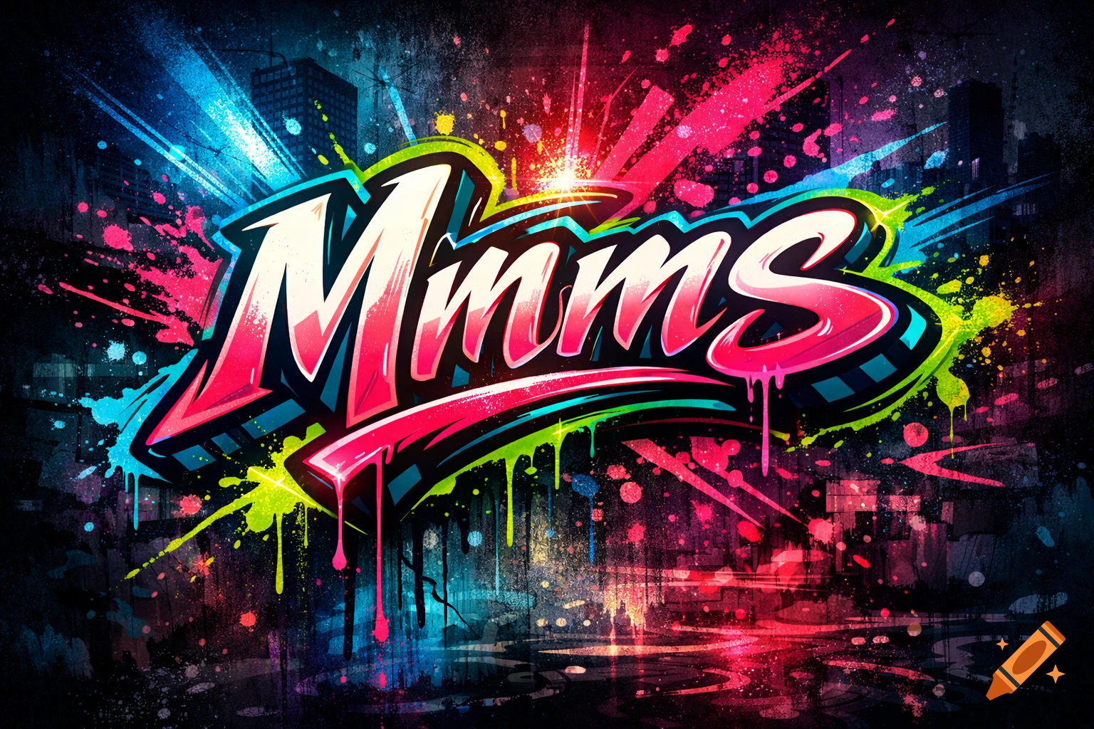 Vibrant graffiti art spelling 'Mmms' in pink, green, and blue, highlighted with paint splatters, on a dark urban background with faint city buildings.