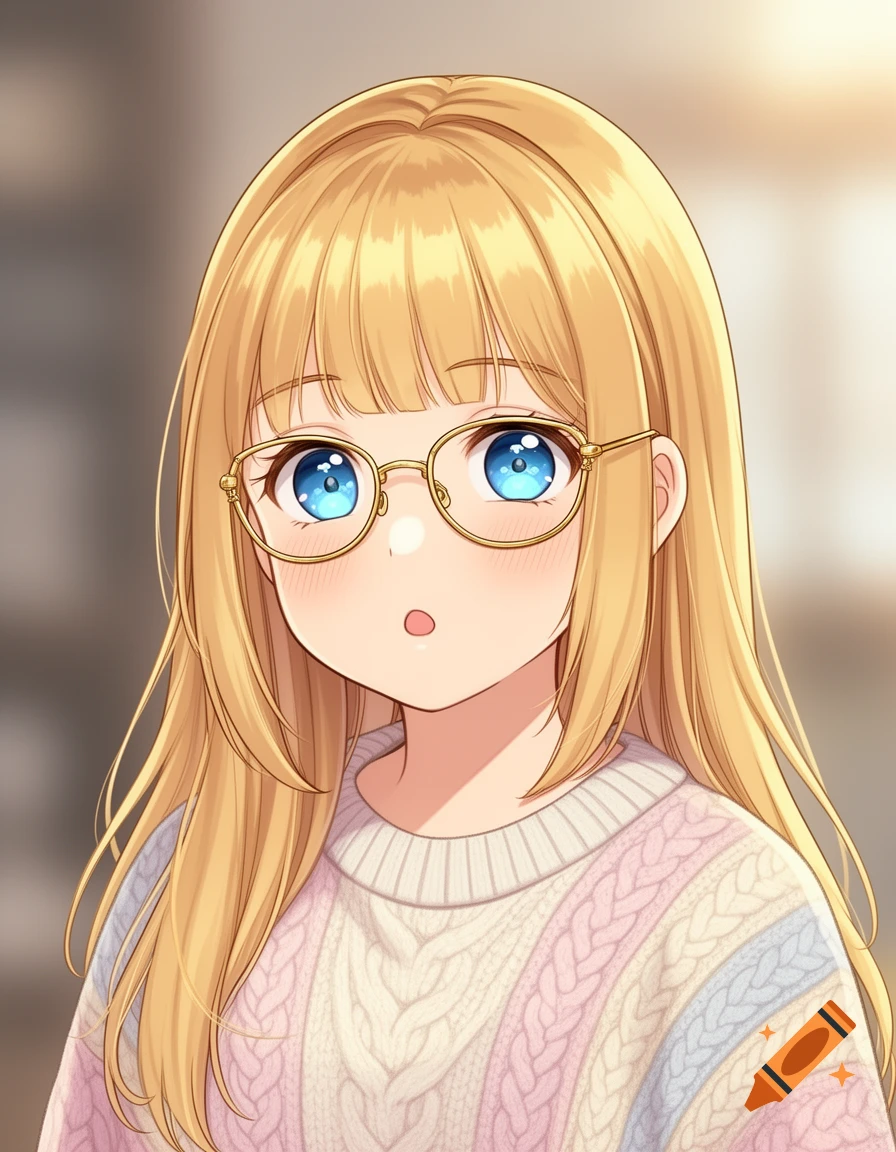 A cute anime girl with blonde hair, blue eyes, and gold-rimmed glasses, wearing a multi-colored cable knit sweater.
