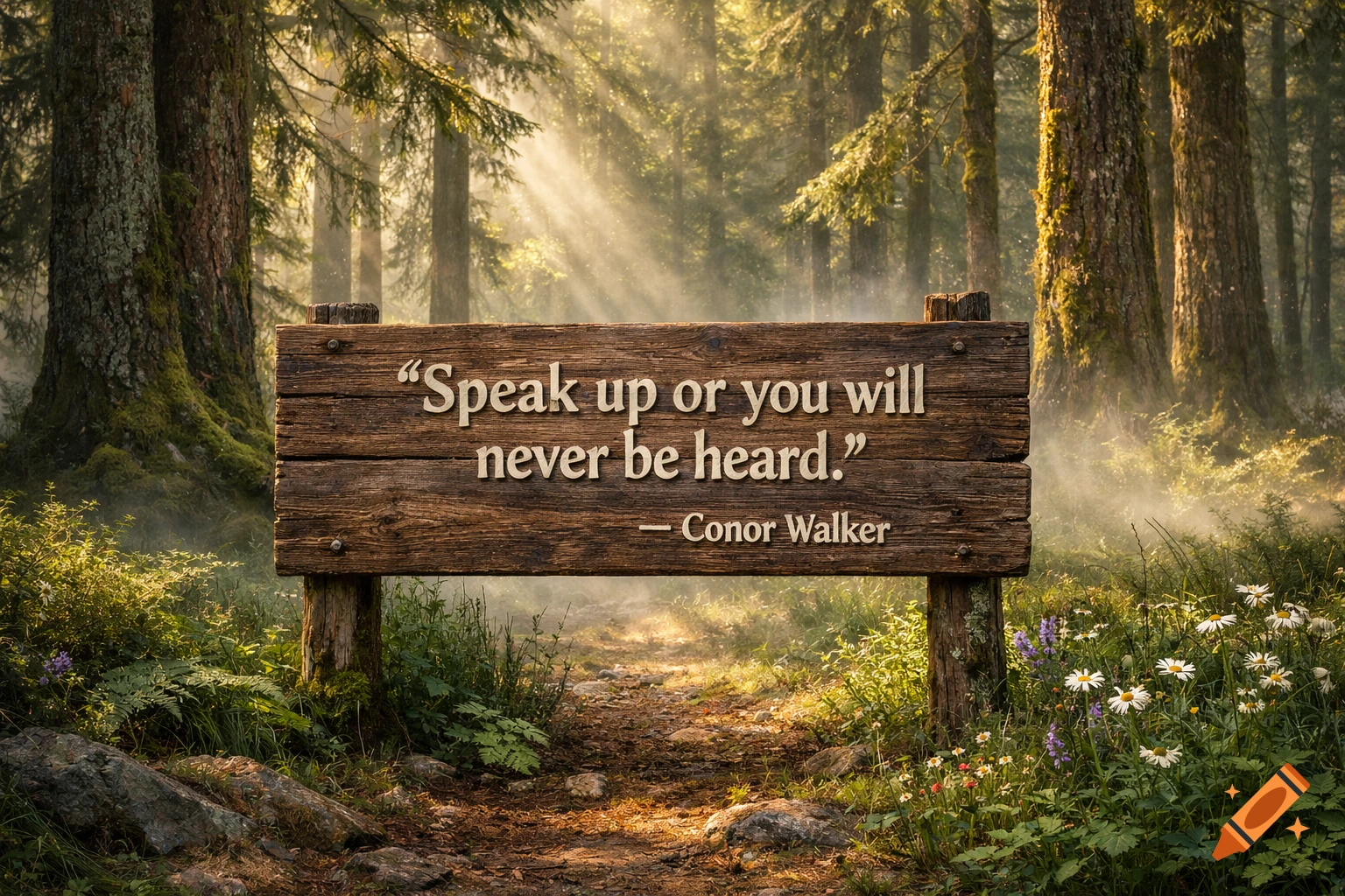 A wooden sign on a forest path with sun rays filtering through trees reads, "Speak up or you will never be heard. — Conor Walker."