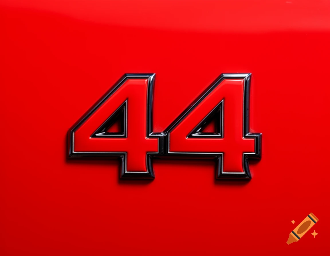 A close-up of shiny, embossed red and chrome number 44 against a vibrant red background.