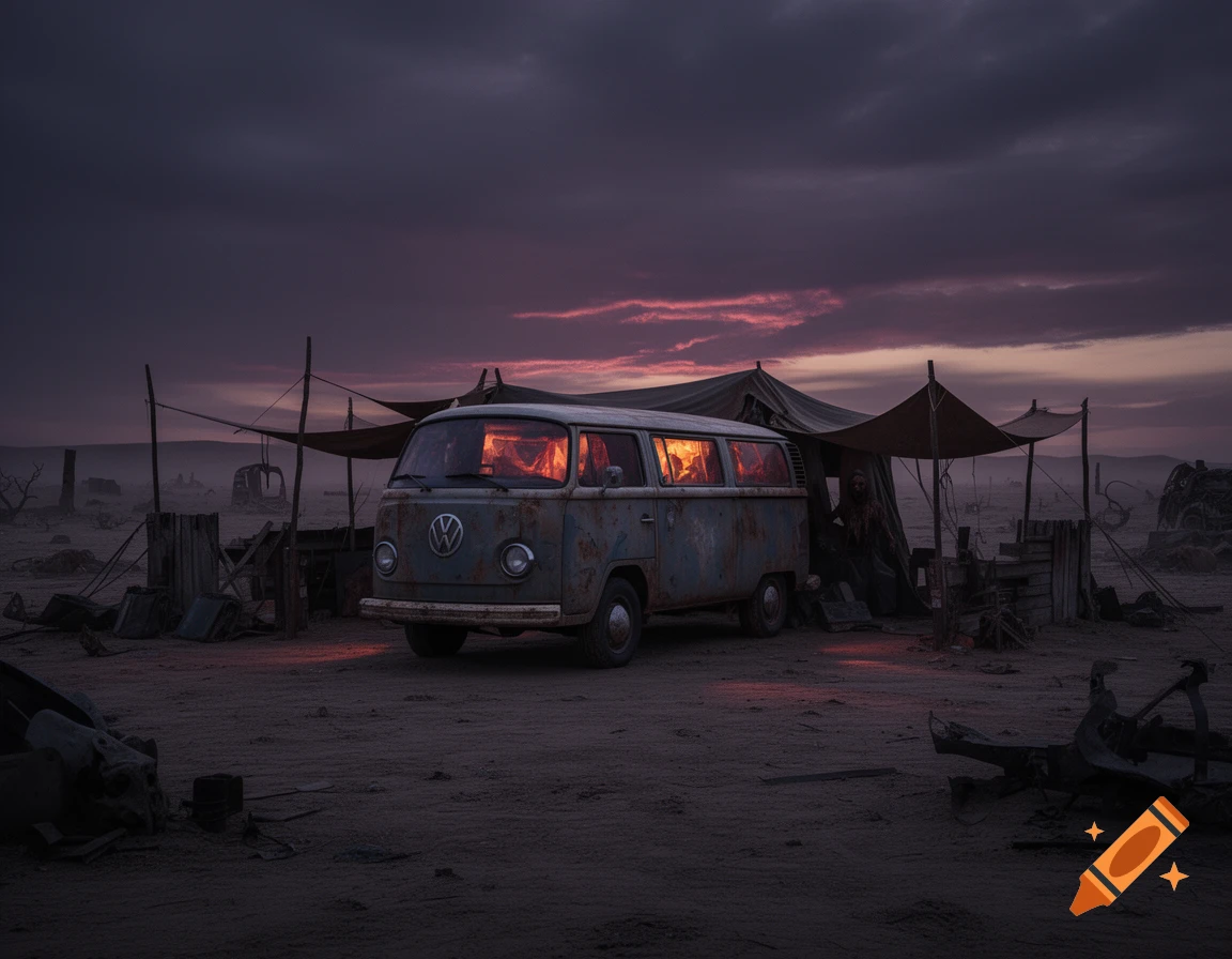 A rusty vintage Volkswagen van with glowing windows parked in a desolate, sandy post-apocalyptic landscape at dusk under a purple sky.