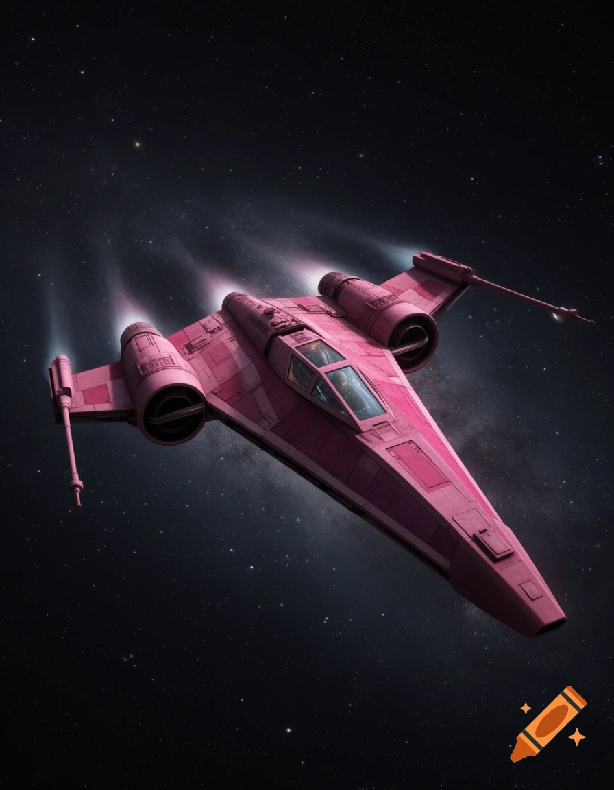 A vibrant pink futuristic fighter jet with glowing engines flies through a star-filled dark space.