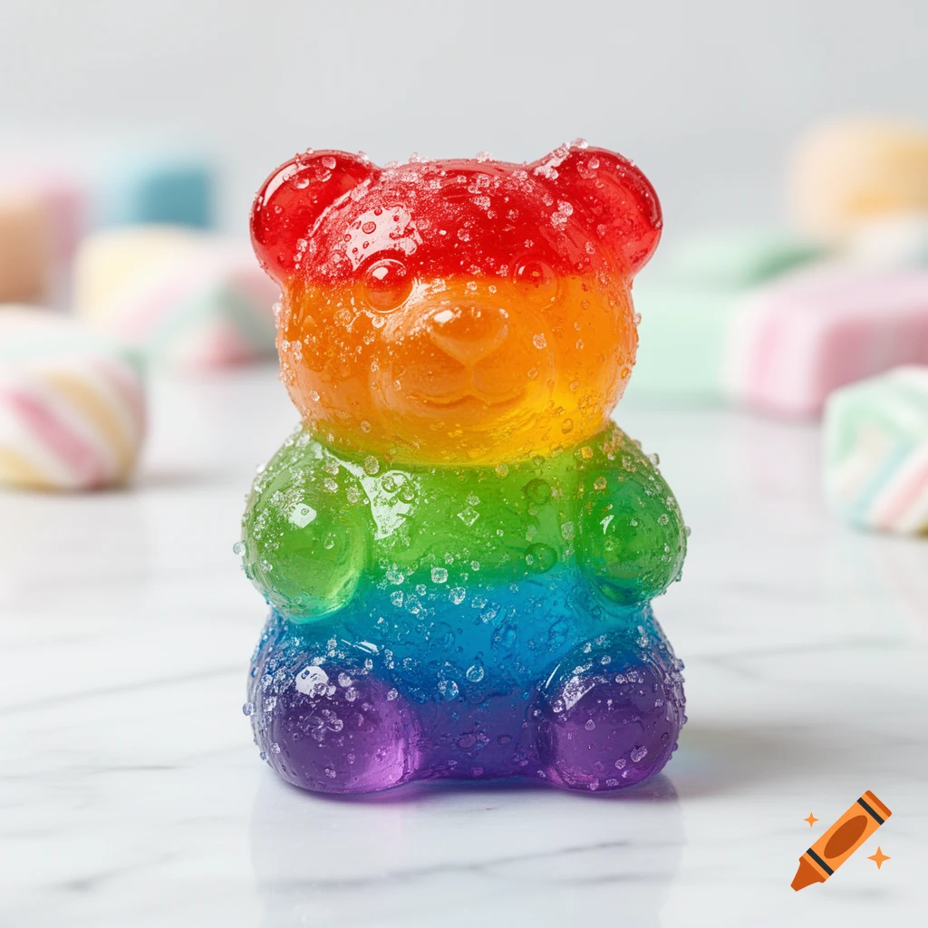 A close-up of a rainbow-colored gummy bear covered in sugar crystals on a white marble surface, with blurred candies in the background.