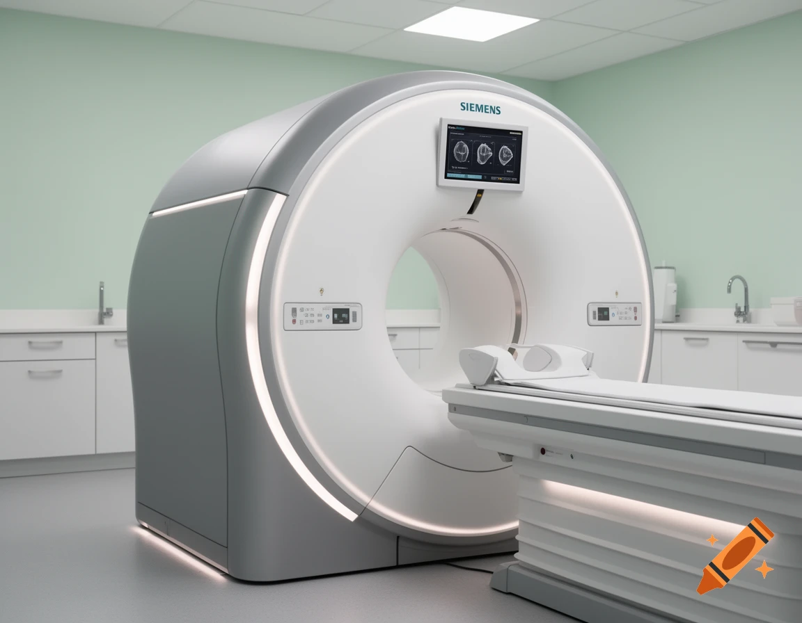 Photorealistic image of a Siemens MRI scanner in a modern medical room with light green walls.