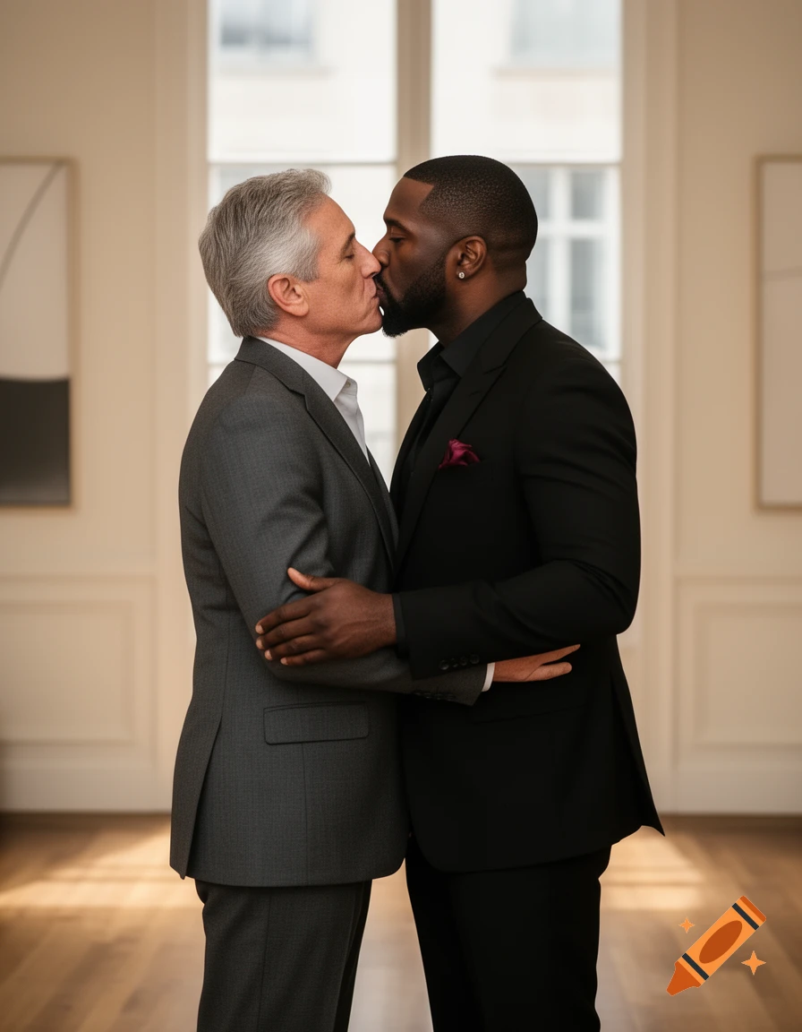 Photorealistic image of two men in suits embracing and kissing in an elegant room with windows.