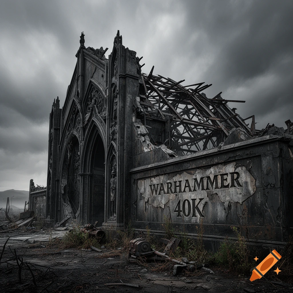 A dark, ruined gothic building with "WARHAMMER 40K" text on its facade, under a cloudy sky, with debris in the foreground.