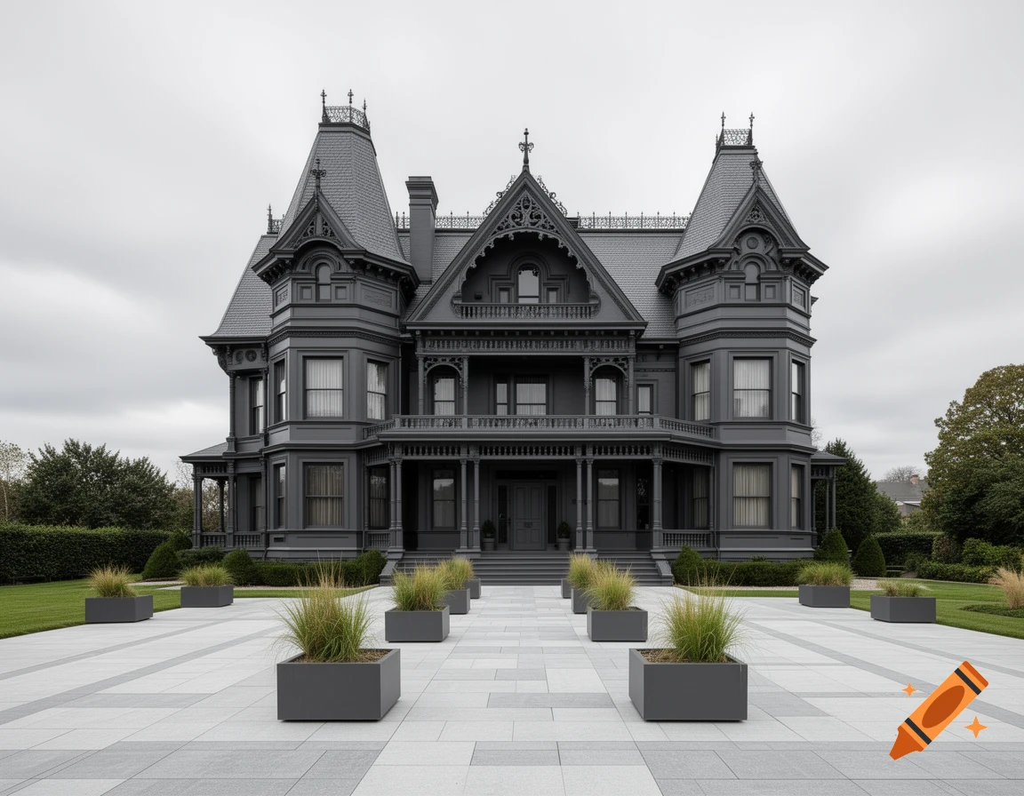 A stately dark gray Queen Anne Victorian mansion with an intricate roofline and multiple gables. The front features a paved forecourt with rectangular planters containing ornamental grasses, bordered by green lawns and mature trees under a cloudy sky.