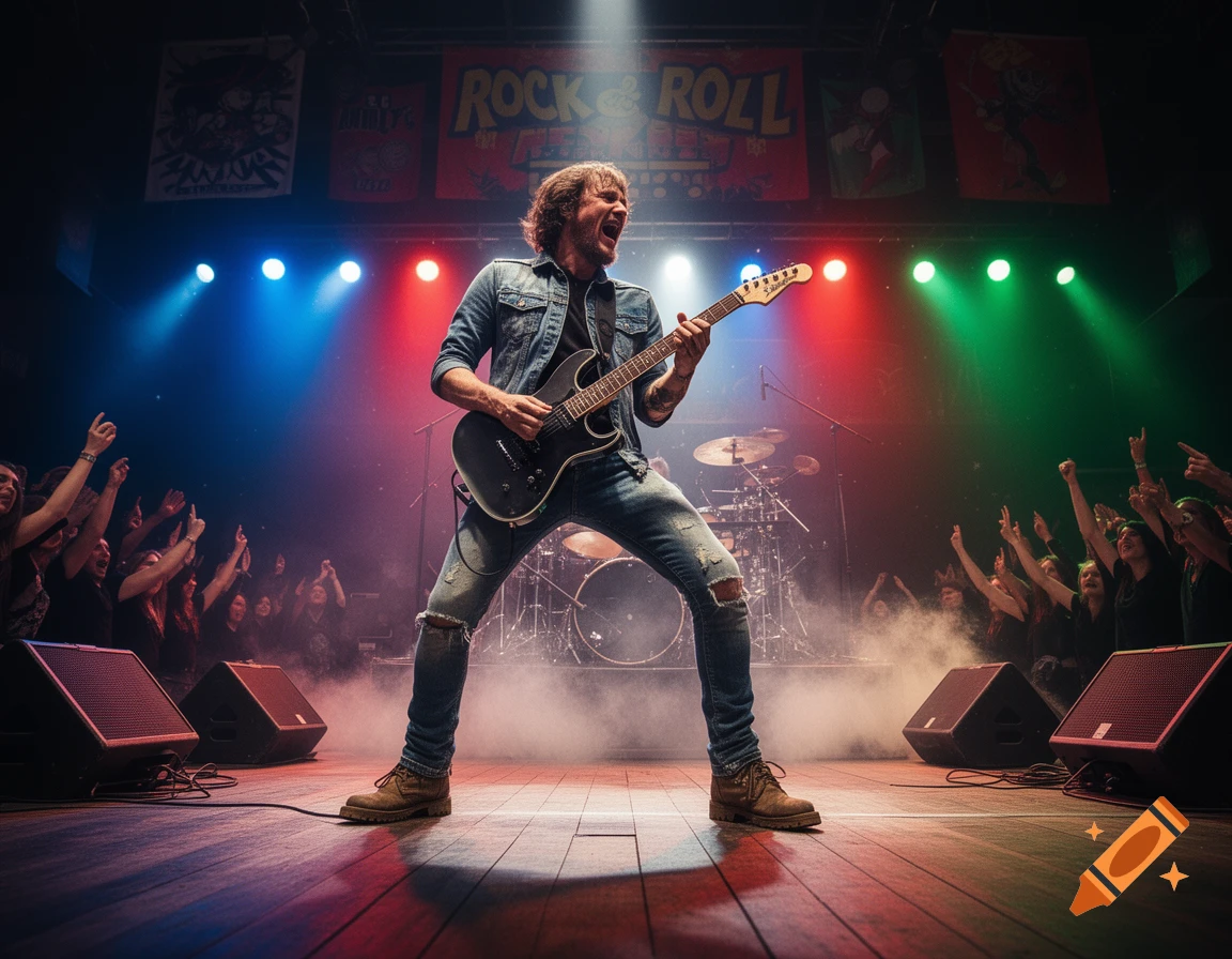 A rock guitarist performs on stage under vibrant red and blue spotlights, with a cheering crowd in front of him.
