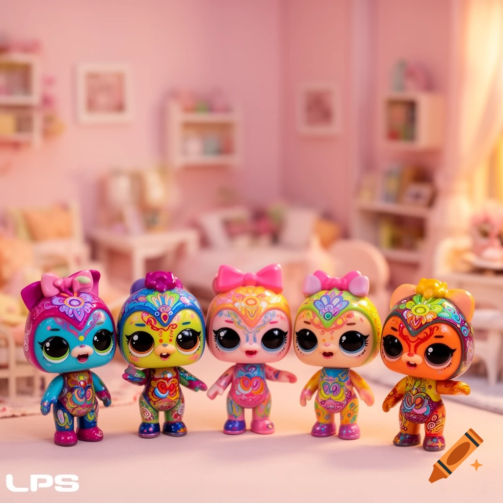 Five vibrant, patterned doll figures with large eyes stand in a soft pink room.