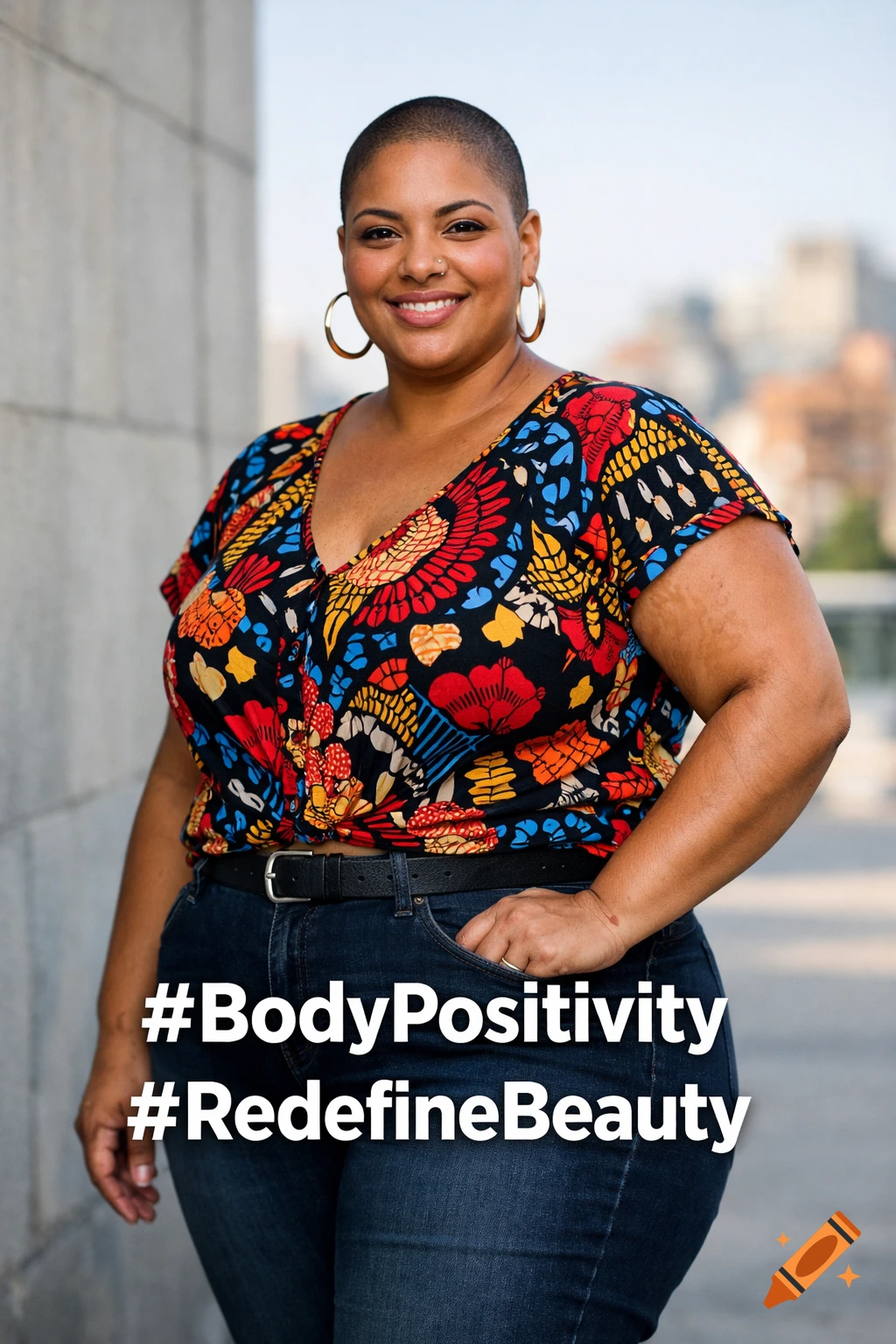 Smiling woman with short buzzed hair in colorful top and jeans, hand in pocket, stands outside. Text: #BodyPositivity #RedefineBeauty.