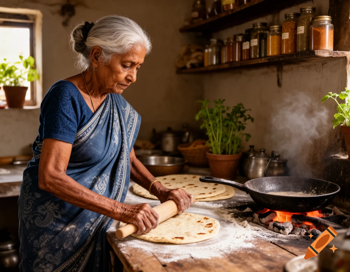 An elderly Indian woman in a blue sari rolls out flatbread on a wooden table next to a traditional charcoal stove in a rustic kitchen.