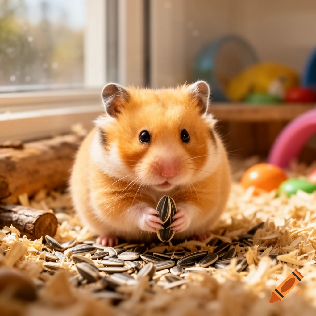 A fluffy, golden hamster holds a sunflower seed in its paws, surrounded by wood shavings and sunflower seeds, with a blurred window and colorful cage toys in the background.