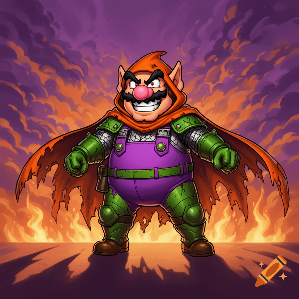 A cartoon Wario-Hobgoblin mash-up character, wearing purple overalls, green armor, and an orange hooded cape, stands menacingly against a fiery, purple sky background.