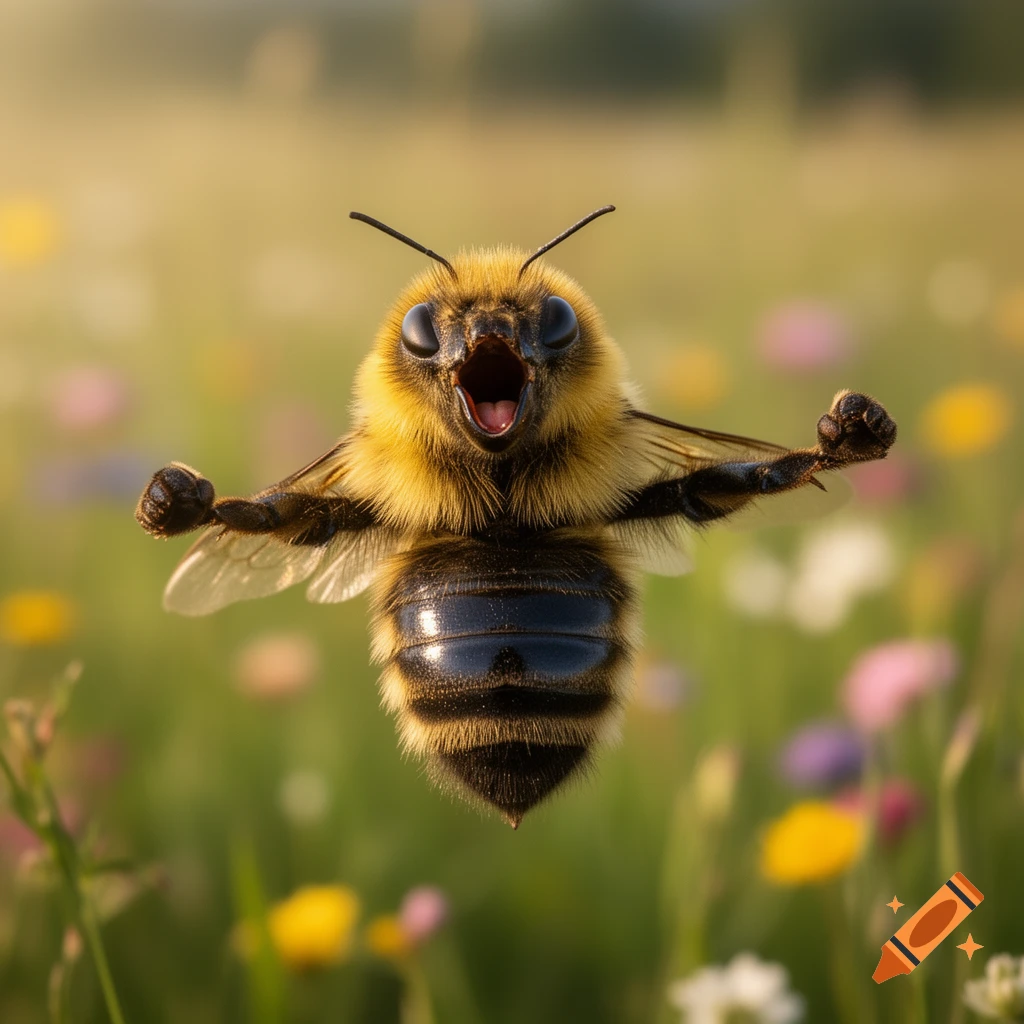 A fluffy bumblebee with outstretched arms and clenched fists, mouth open in a joyful yell, hovering in a sunny wildflower field.