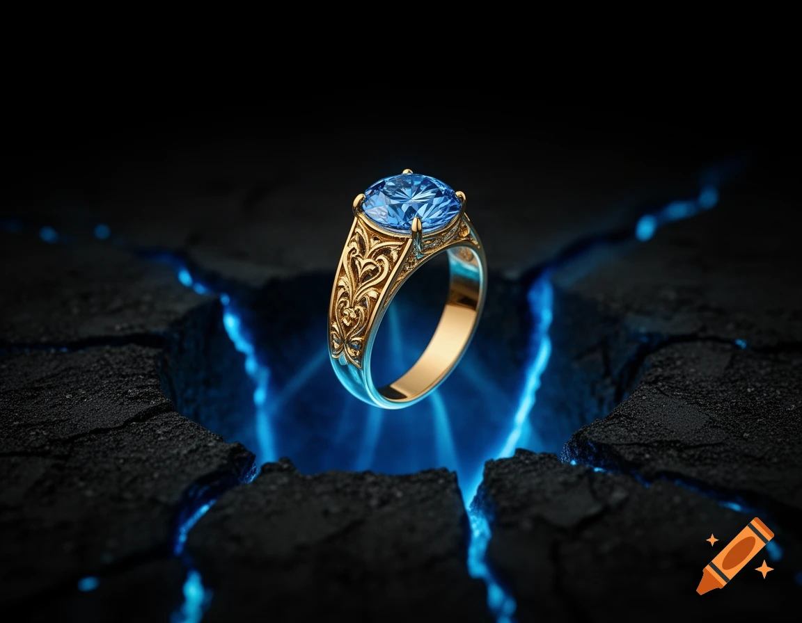 A golden ring with a blue diamond floats over dark, cracked ground glowing with blue light, photorealistic style.