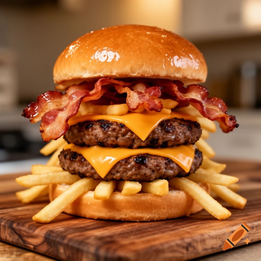 A photorealistic close-up of a double cheeseburger with bacon and french fries on a wooden cutting board.