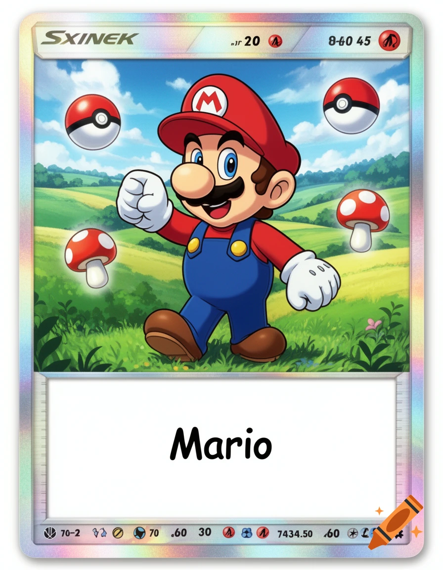 Mario character depicted on a holographic trading card with two Poke Balls and mushrooms in a green field background.