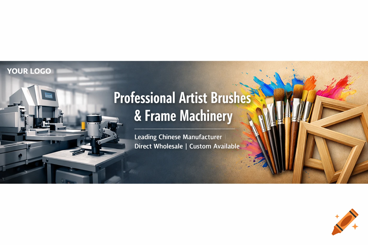 Promotional banner with frame machinery, artist brushes, wooden frames, and paint. Text: Professional Artist Brushes & Frame Machinery.