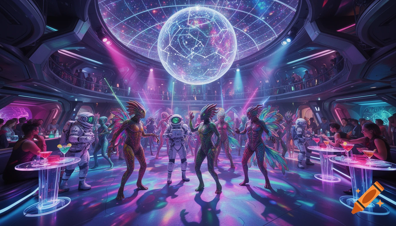 Vibrant sci-fi disco club where aliens and astronauts dance under a glowing, geometric disco ball, with people at tables along the sides.