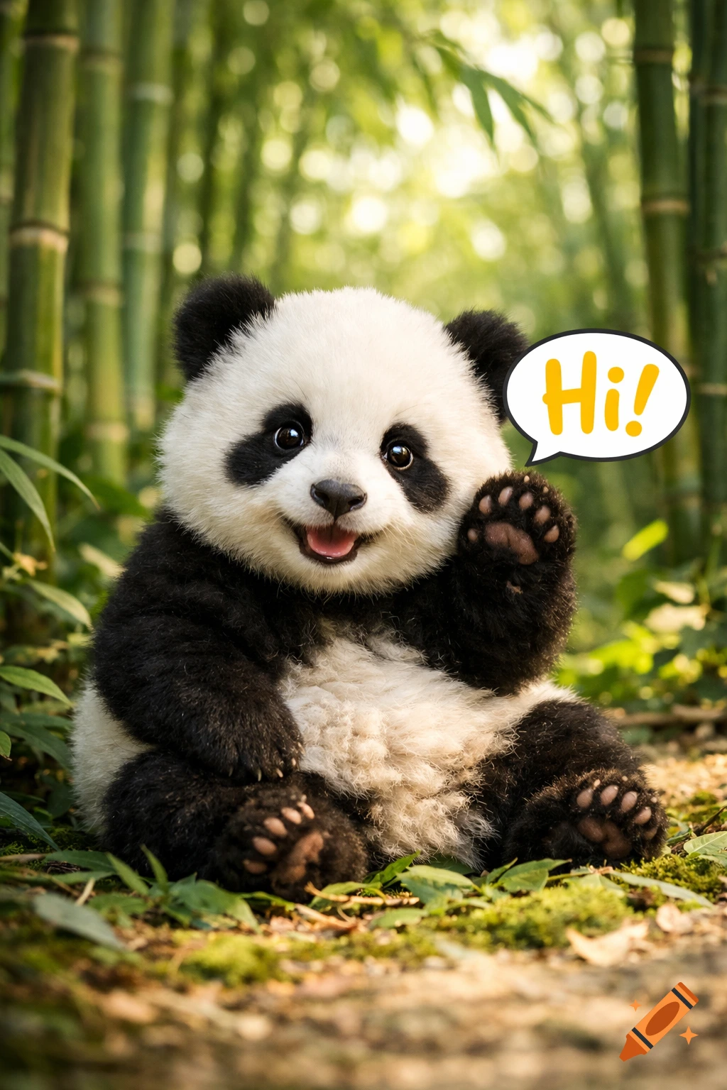 A cute baby panda waves its paw in a bamboo forest, with a speech bubble showing "Hi!".