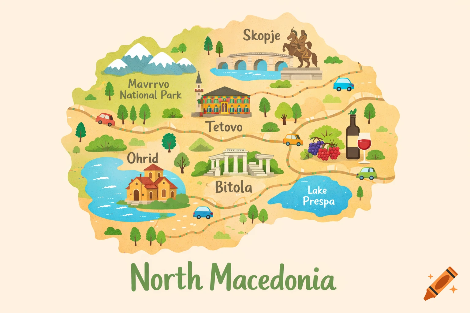 A colorful, playful cartoon map of North Macedonia showing cities, landmarks like Skopje and Ohrid, mountains, lakes, roads, and cars, with the country name below.