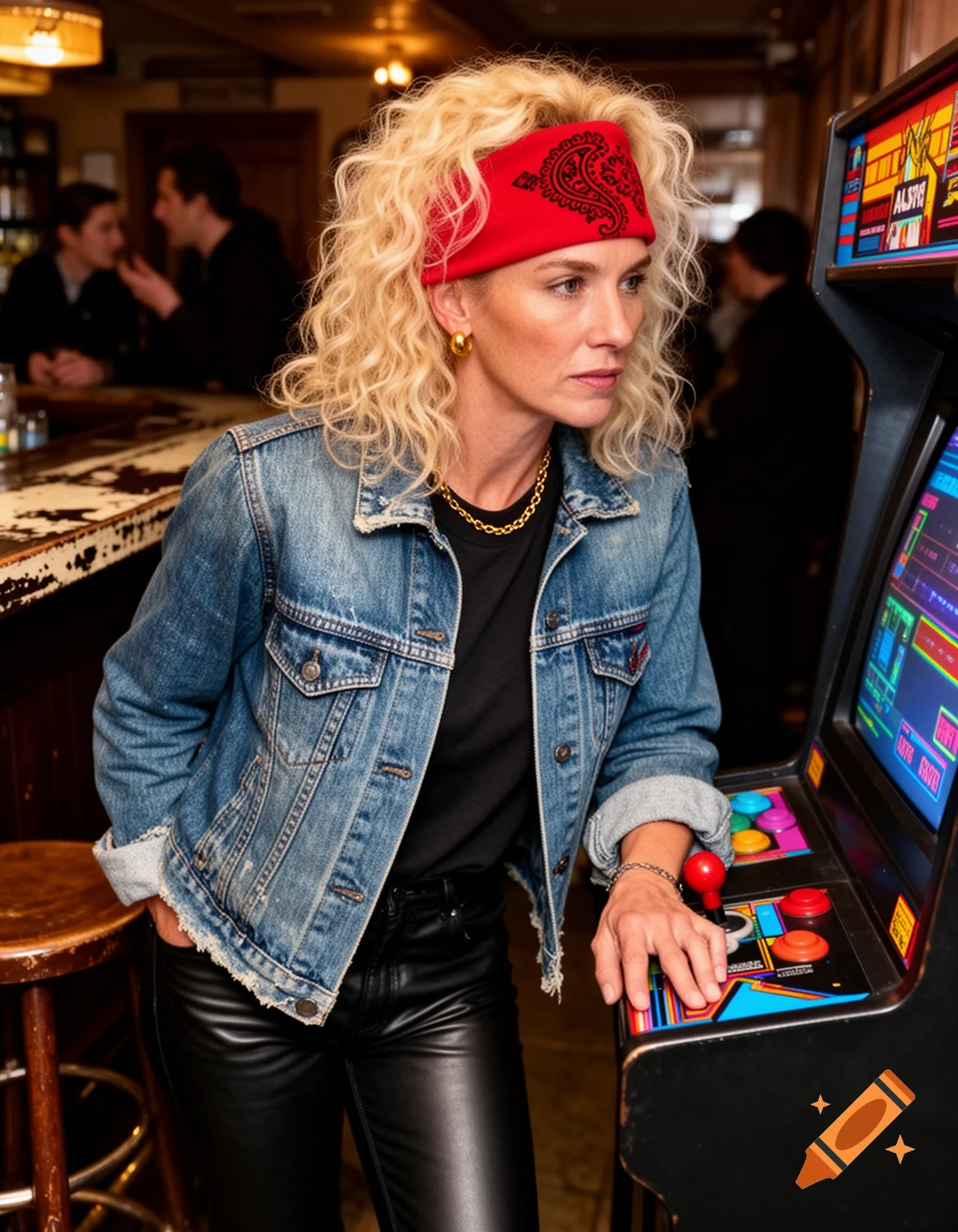 A woman with big curly blonde hair and a red bandana, wearing a denim jacket and leather pants, plays an arcade game in a pub.