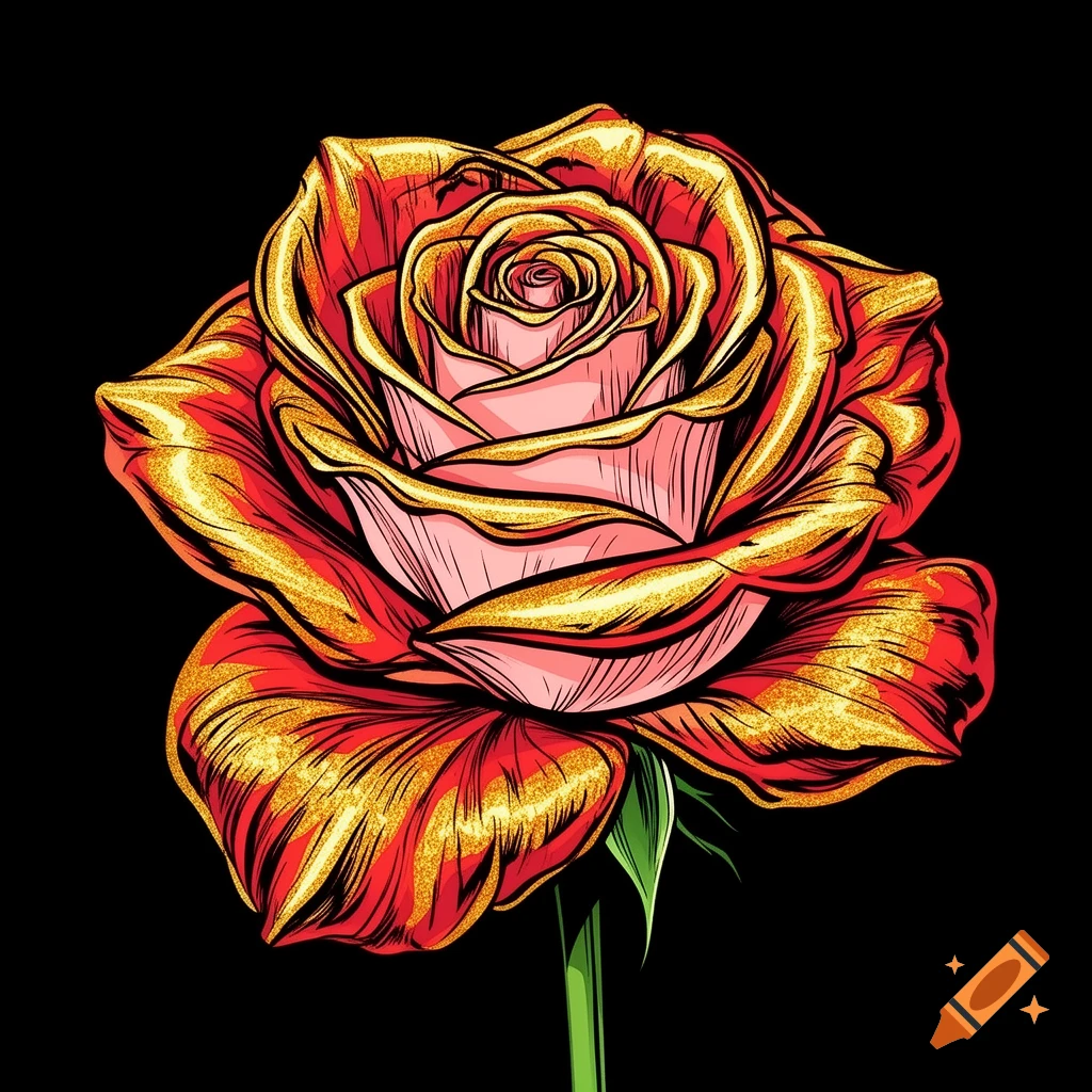 Pop art illustration of a red, pink, and gold glittered rose with a green stem on a black background.