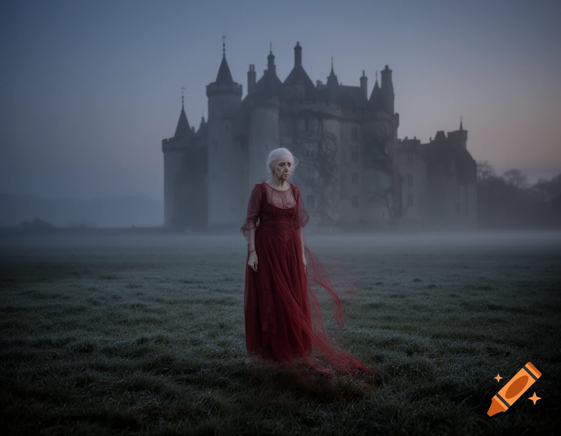 An old woman ghost in a red dress stands in a misty, frosty field before a dark castle.