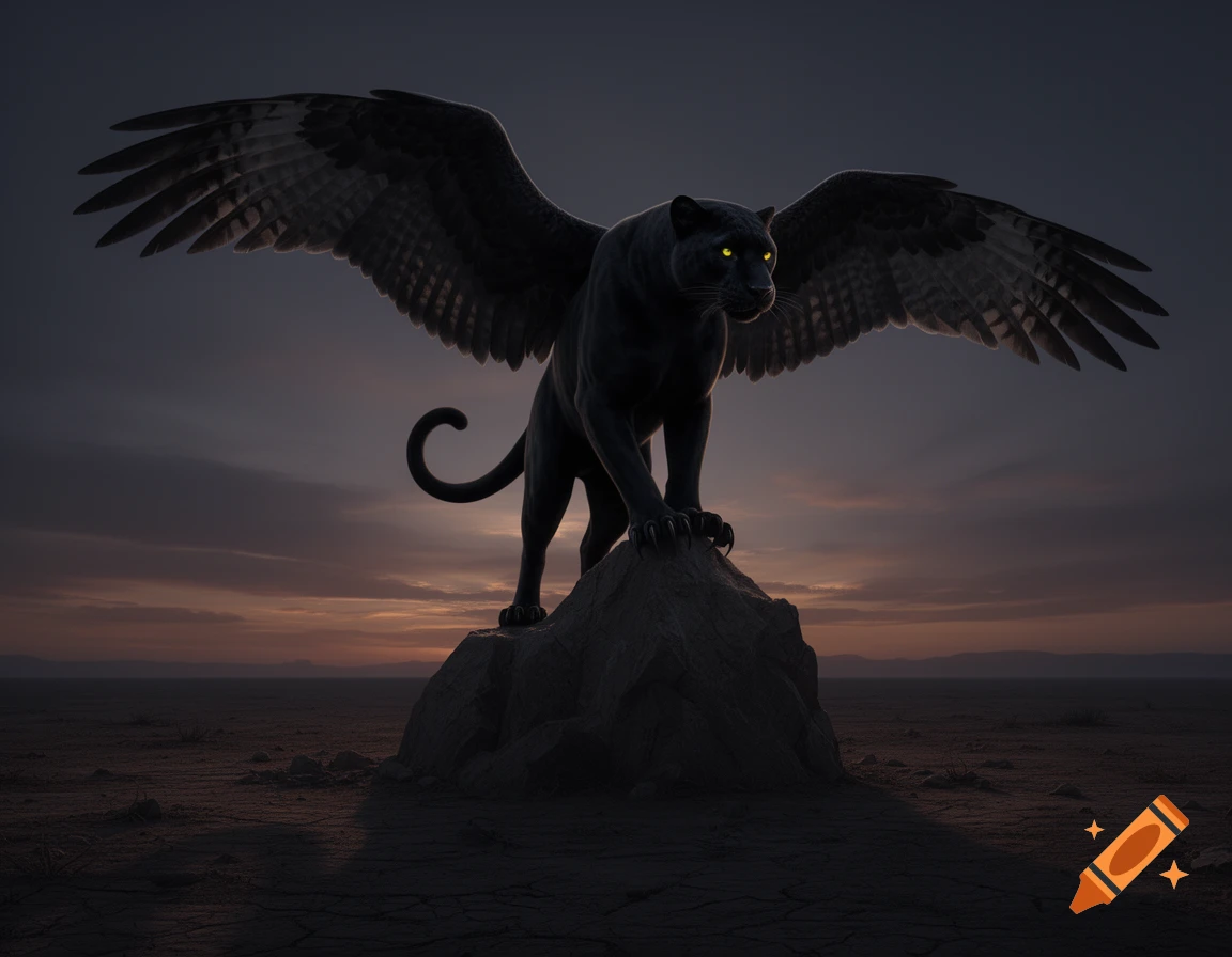 A shadowy black winged panther with glowing yellow eyes perches on a rock at dusk in a barren landscape.