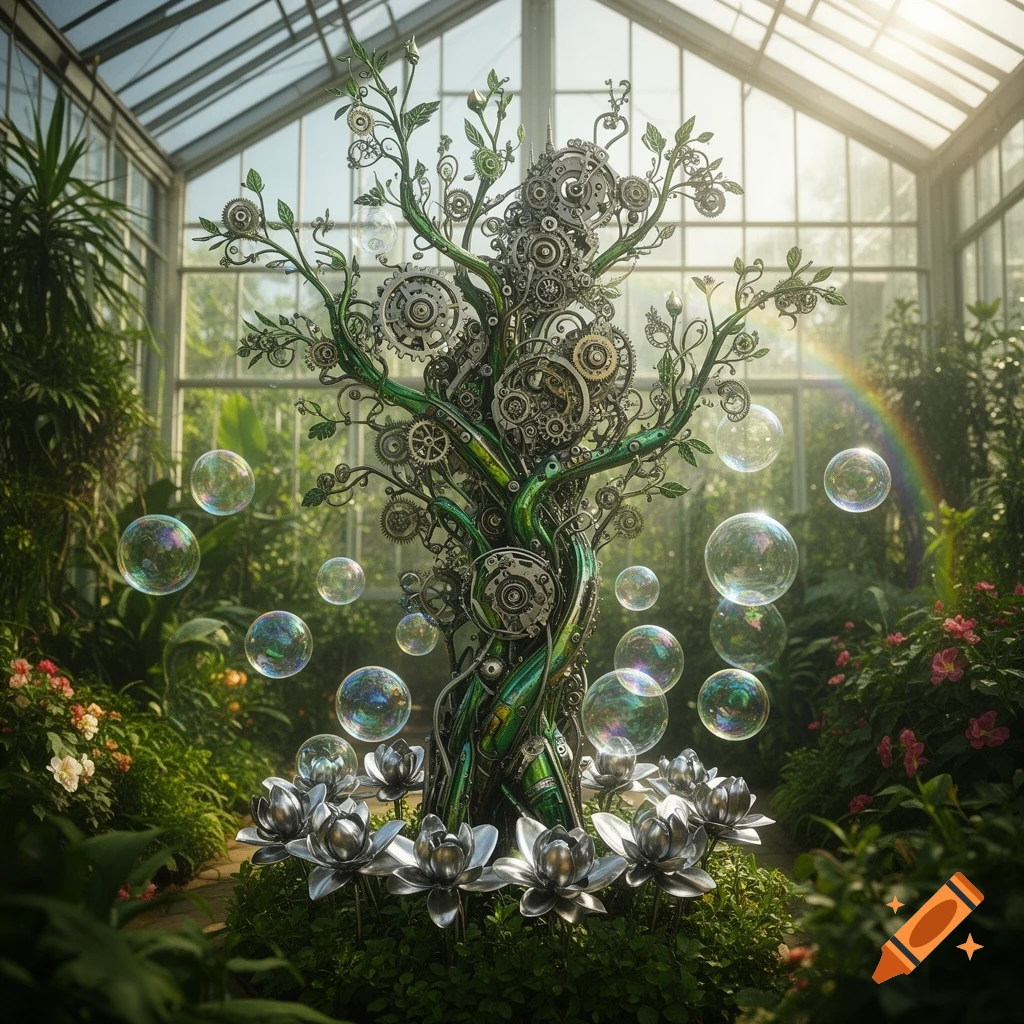 A vibrant mechanical tree crafted from gears and green vines, with metallic lotus flowers, floating bubbles, and a rainbow in a sunlit greenhouse.