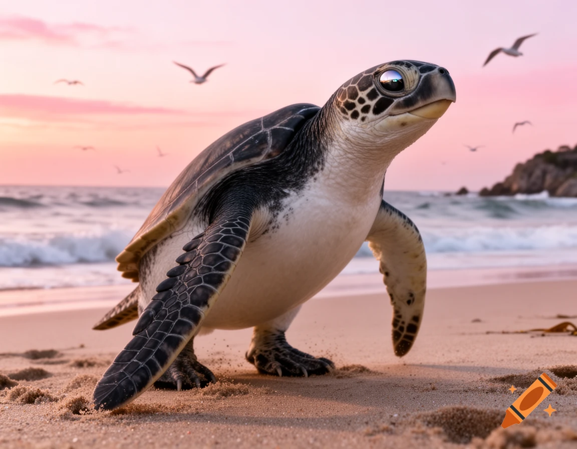 A photorealistic turtle-penguin hybrid walks on a sandy beach with the ocean and a pink sunset sky in the background.