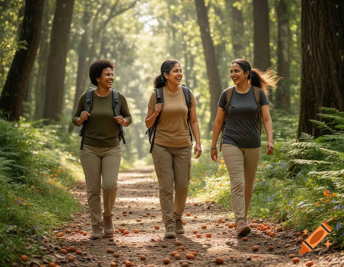 Three smiling women with backpacks hike on a sunny, wooded trail scattered with fallen fruit.