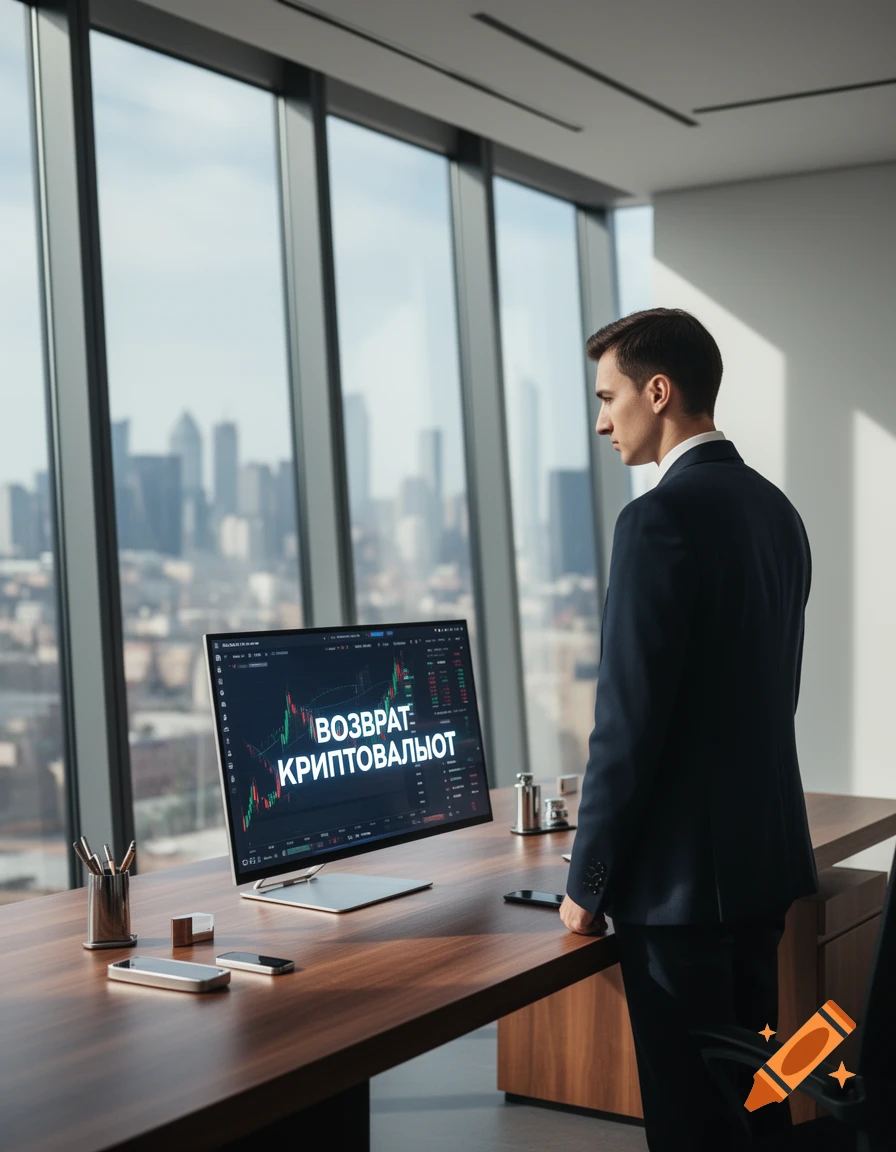 A businessman in a suit stands in a modern office, looking at a computer screen displaying cryptocurrency charts with a cityscape in the background. Photorealistic style.