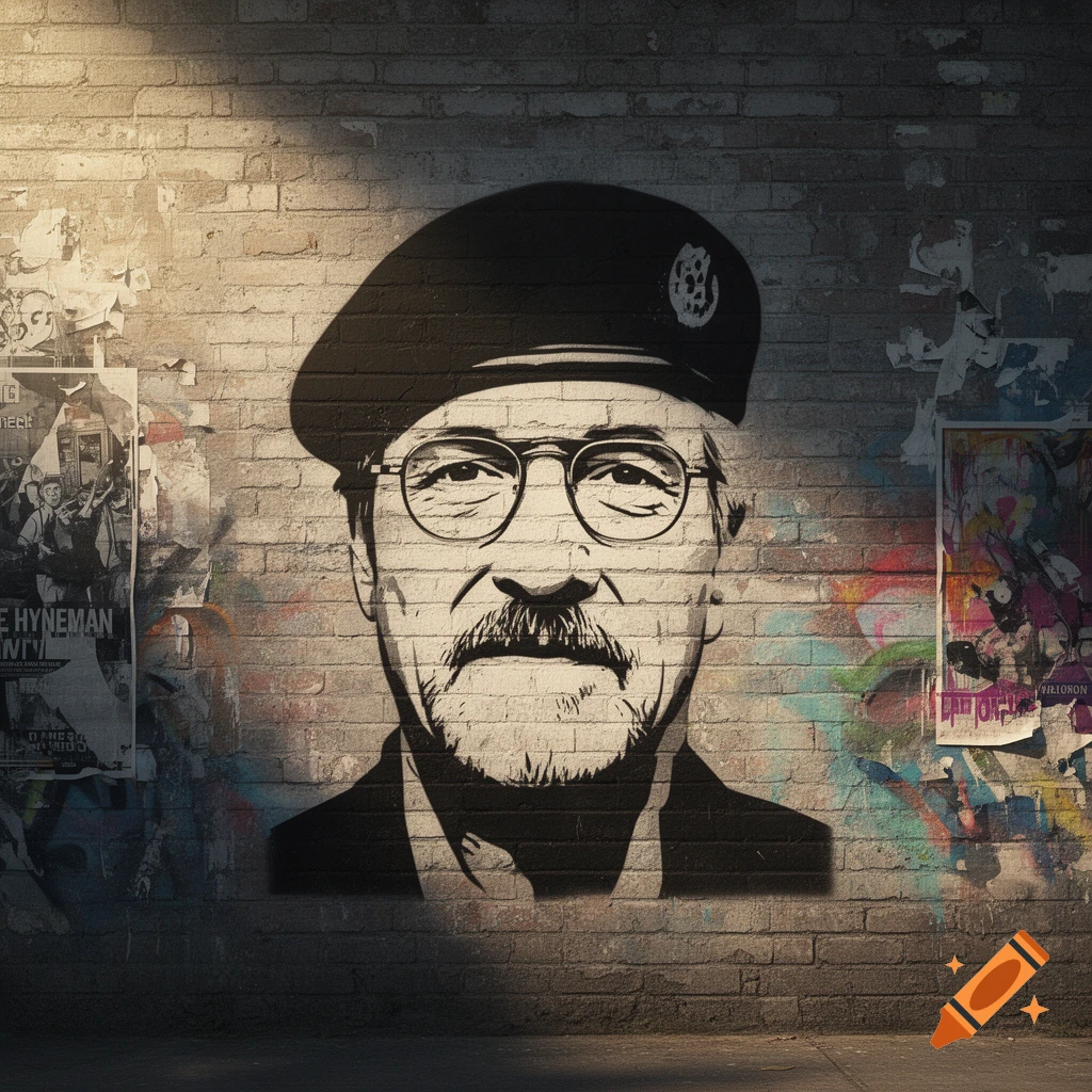 A black and white stencil art portrait of Jamie Hyneman wearing a beret and glasses, painted on a beige brick wall with ripped posters and faint colorful graffiti.