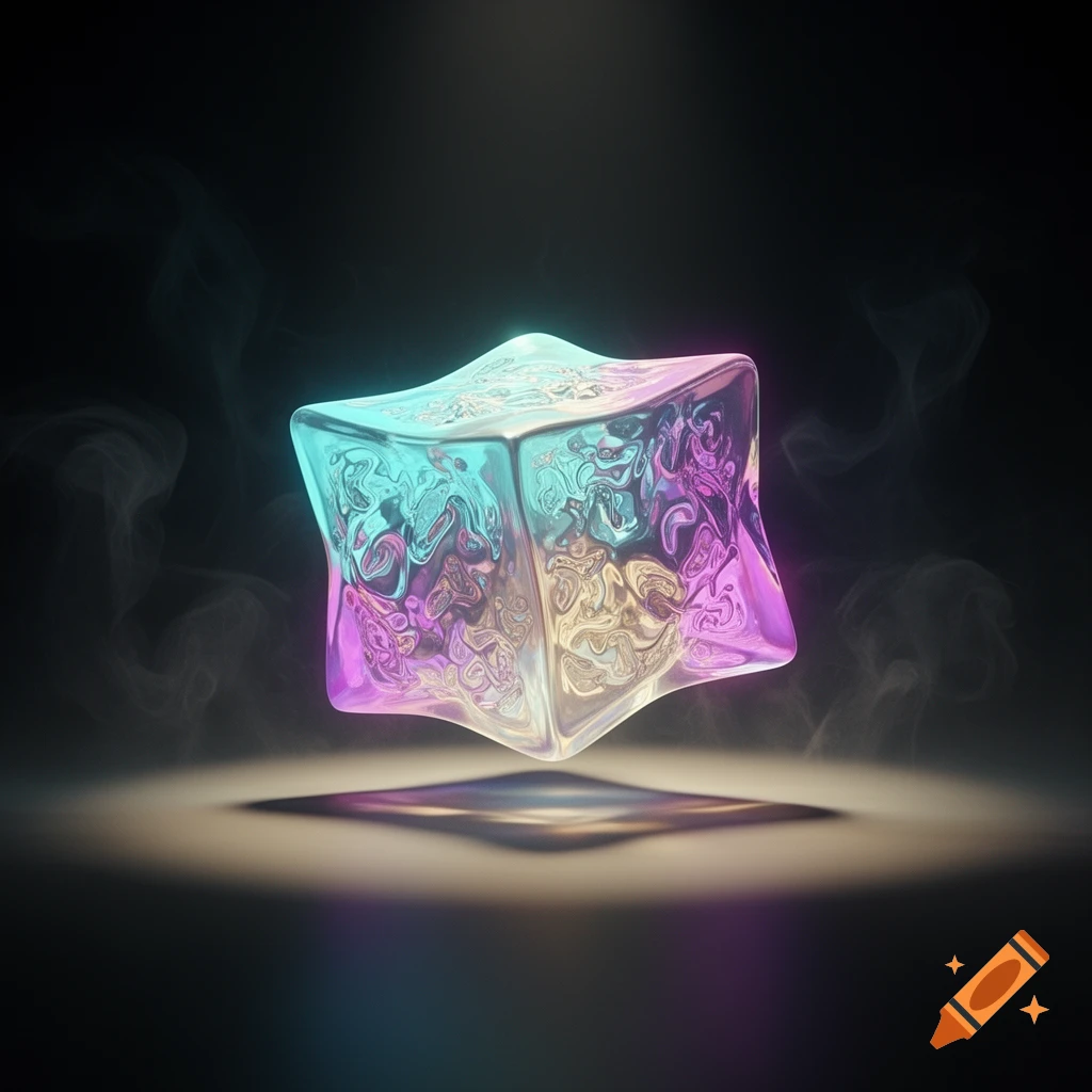A glowing, iridescent, slightly deformed cube floats above a dark surface with a smoky aura and reflection.