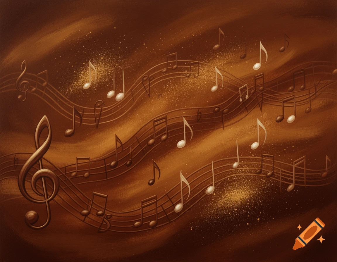 Abstract brown background featuring flowing musical staffs, treble clefs, and various notes, accented with golden sparkles.