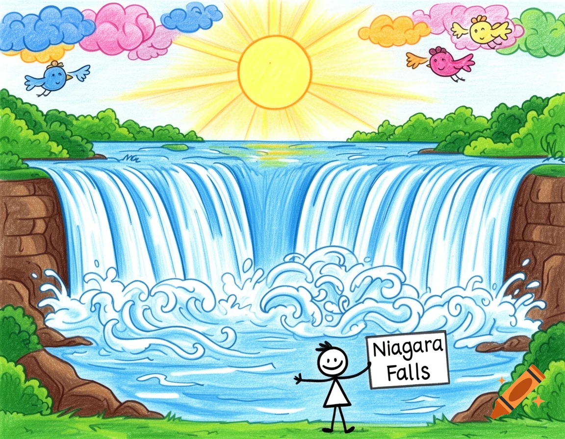 A colorful child's drawing of Niagara Falls with a stick figure holding a sign, birds, sun, and clouds.