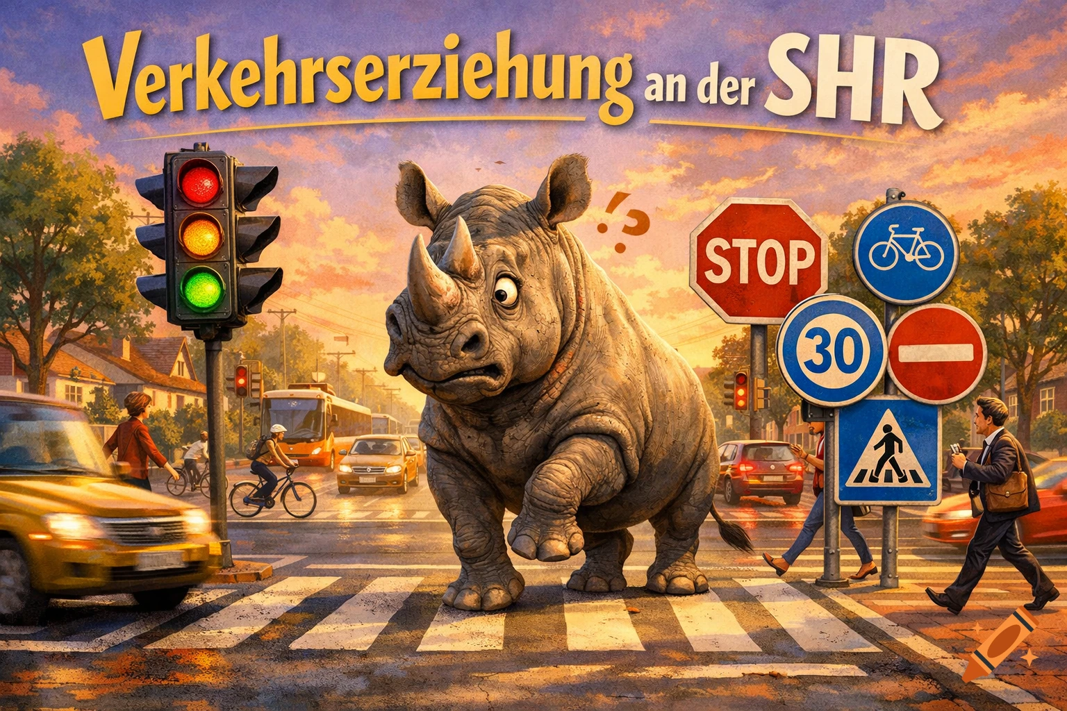 A cartoon rhino looking confused on a city street crossing with traffic, signs, and the title 'Verkehrserziehung an der SHR'.